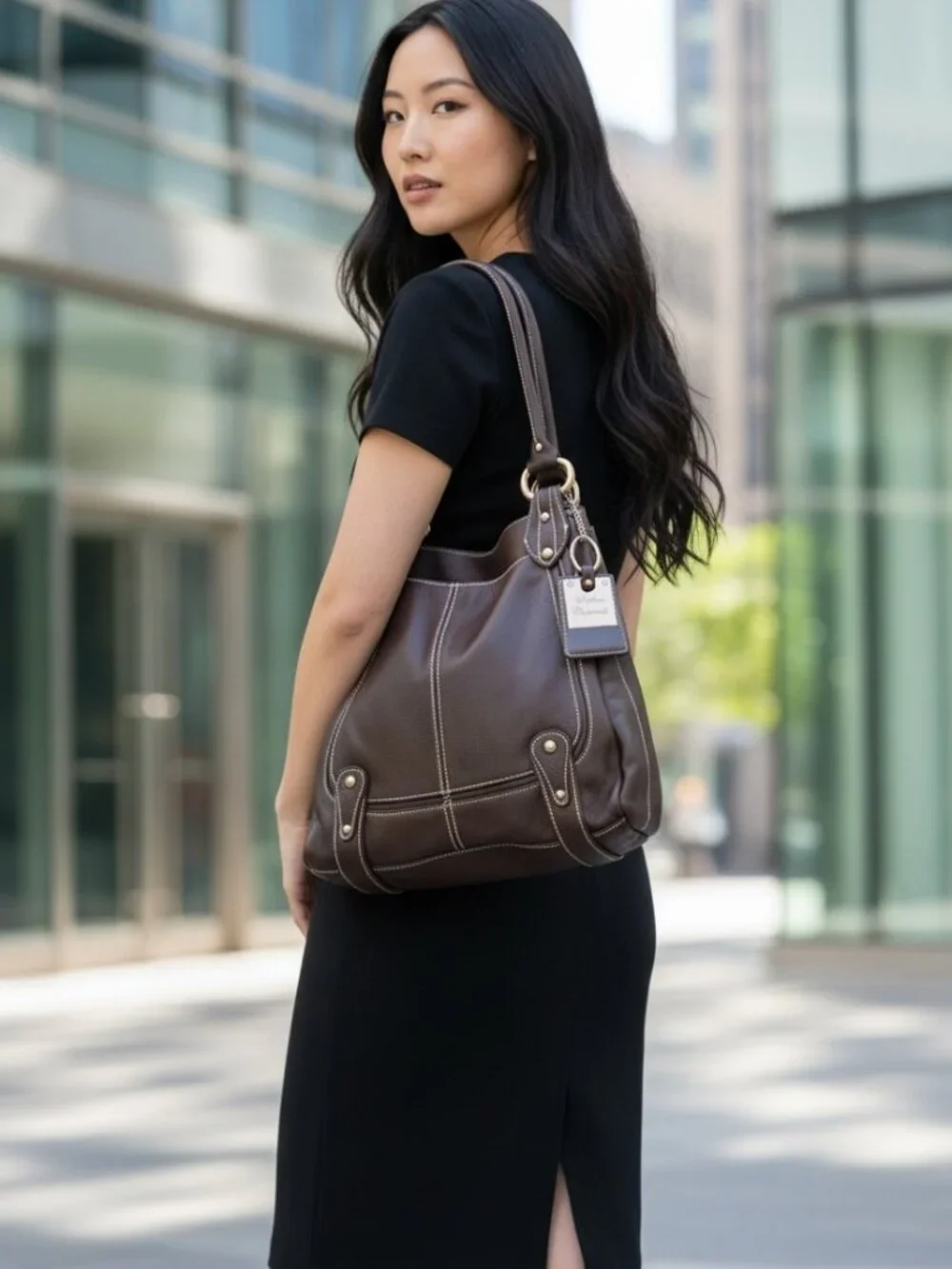 NWT Sophia Caperelli Dark Brown Leather Shoulder Hobo-Bag Double Handles